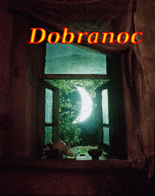 Księżyc za oknem z napisem dobranoc